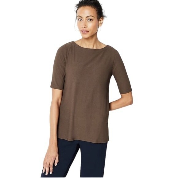 J Jill Wearever Ribbed Boat-Neck Brown Top Jersey Knit Tee Short Sleeve Normcore - Picture 14 of 14